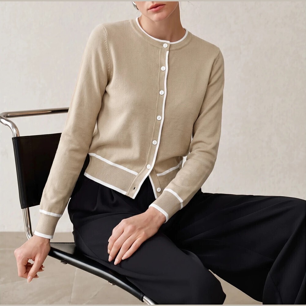 Tan Contrast Trim Button Front Crew Neck Knit Cardigan